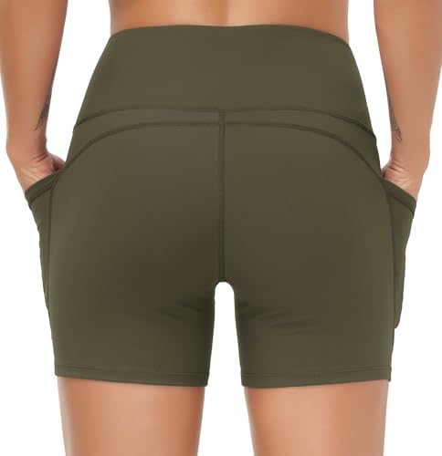 Image of THE GYM PEOPLE High Waist Yoga Shorts for Women's Tummy Control Fitness Athletic Workout Running Shorts with Deep Pockets