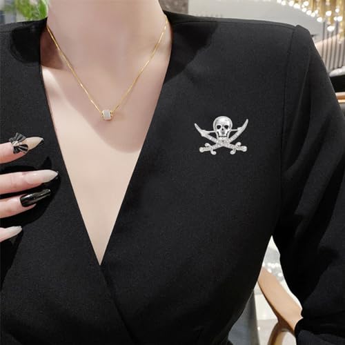 Image of Punk Skull Head Cross Sword Brooch Pin Cool Skeleton Lapel Pin for Dress Suit Decor Halloween Party Clothing Accessories for Women Men