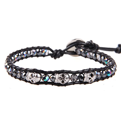 Image of KELITCH 925 Silver Skull Bracelets Wrap Bracelets Women Crystal Beaded Bracelets on Natural Leather