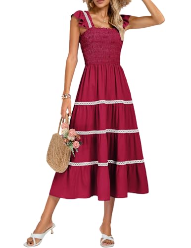 Image of Kate Kasin Womens 2025 Summer Casual Dress Sleeveless Square Neck Smocked Ruffle Boho Flowy Maxi Beach Sundress