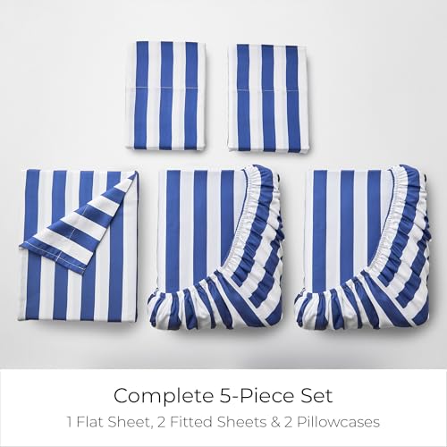 Image of Mellanni Split King Sheets Set - 5 PC Iconic Collection Bedding | Hotel Luxury, Extra Soft, Cooling Bed Sheets - Wrinkle, Fade, Stain Resistant (Split King, Oxford Stripe Blue Nova)