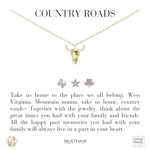 Western Bull Skull Pendant Necklace - MUSTHAVE 18K Gold Plated Texas Cubic Bull's Head Necklace, Rustic Charm, CZ Horns, Boho Layering Jewelry, Lucky Cow Skull Necklace for Women, 16+2 inch Extender, Message Card, Unisex (Yellow Gold)