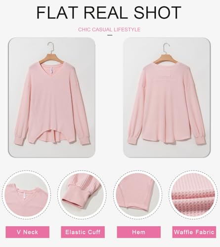 Image of Dokotoo Womens Waffle Knit Tops Trendy Fashion 2026 Oversized T Shirts | Lightweight,V Neck,Casual,Batwing Sleeve,Loose Fit,Irregular Hem,Boyfriend Style,Oversized,Fall Outfits