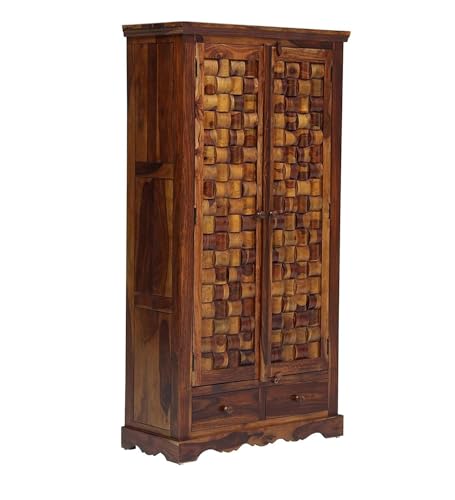 Image of Rajasthali Furniture Wooden 2 Door Wardrobe Organizer for Storage with 2 Drawer 4 Shelves - Sheesham Wood Cupboard for Bedroom - Wooden Almirah Organizer for Clothes Storage (Brian)