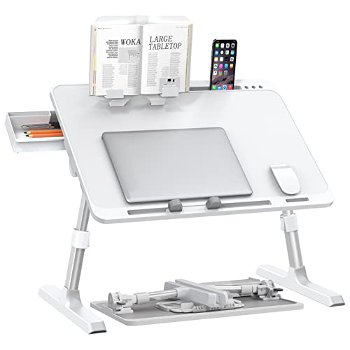 Woka Laptop Desk For Bed, Extra Large Adjustable Lap Desk, Foldable Laptop Bed Tray Table With Storage Drawer, Portable Lap Desk With Stopper, Book Stand For Drawing, Writing, Working, White #TOP12
