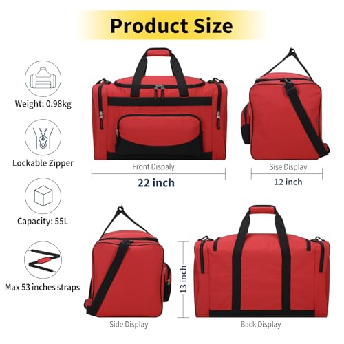 22 inch Gym Bag for Men - 55L Large Travel Duffle Bag Sports Equipment Bag with Multiple Zippered Pockets,Outdoor Workout Duffle Bag for Overnight Weekend - Red2