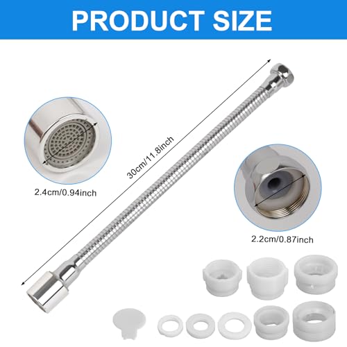 ZephyrCraft Wasserhahn Verlängerung 30cm – 360° Schwenkbarer Wasserhahn Aufsatz mit 2 Strahlmodi, Flexibler Edelstahl-Schlauch, 6 Adapter für Küche & Bad