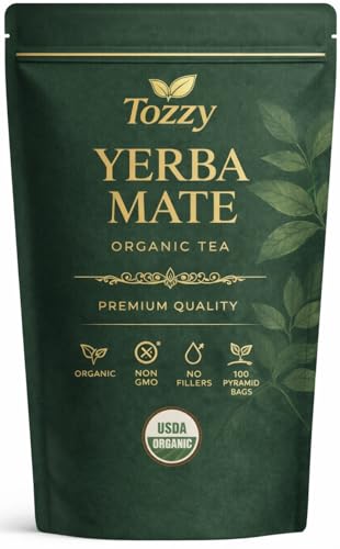 Tozzy Organic Unsmoked Yerba Mate Tea – 100 Count, Plant-Based Pyramid Tea Bags, Packaging May Vary