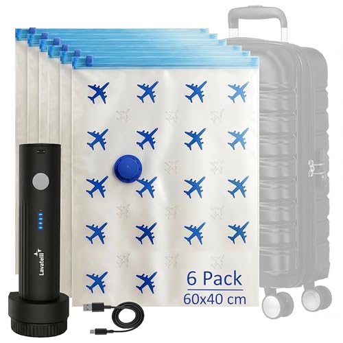Lavatelli - Set da Viaggio per Bagaglio a Mano, Pompa Sottovuoto Wireless USB C + 6 Sacchetti 40x60cm per Trolley 55x40x20, Kit Salvaspazio per Indumenti, Piumini, Cambio Stagione