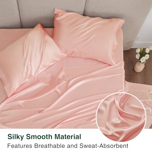 Love's cabin Satin Queen Sheets Set - 4 Piece Coral Silky Bed Sheets with Deep Pocket, Luxury Silk Feel Satin Queen Size Sheet Set (1 Flat Sheet,1 Fitted Sheet,2 Pillow Cases)