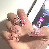 Kikmoya Y2K Press on Nails Medium Length 3D Coffin Fake Nails with Bear Heart Bow Design Pink False Nails with Glitter Flame 24pcs Glossy Acrylic Artificial Stick on Nails for Women (3D Clear Pink)