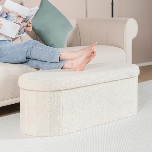Image of B FSOBEIIALEO Ottoman with Storage for Living Room, Sherpa Folding Storage Ottoman Foot Rest, 43.3 Inches Collapsible Bedroom Bench White Cream