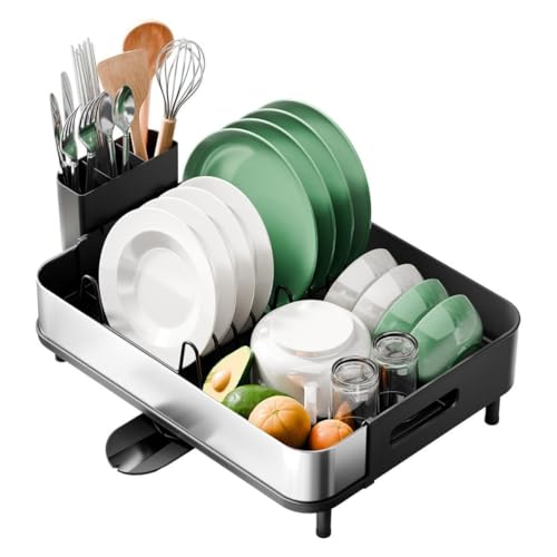 Image of Favria Dish Drying Rack - Space-Saving Dish Rack for Kitchen Counter, Anti Rust Kitchen Drying Rack, Compact Dish Drainer Organizer with Utensils Holder (47 x 32 x 16 cm) (Stainless Steel Black)