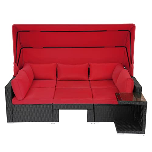 Magic Union 7 Pieces Patio Furniture Sets Daybed With Retractable Canopy, Outdoor Rattan Sectional Sofa Set, Wicker Patio Seating Chairs With Adjustable Backrest For Backyard,Garden,Poolside (Red) #TOP27