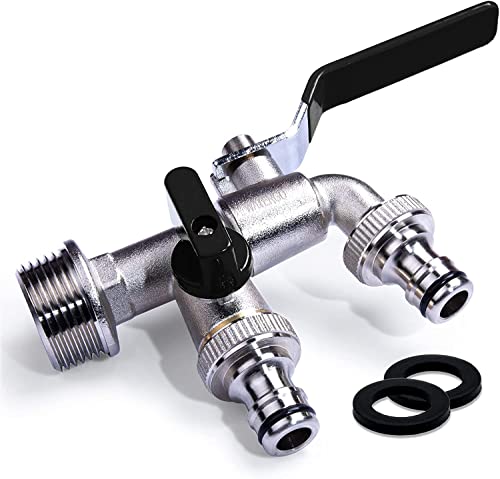 WATERGO Grifo Premium de doble salida 1/2 pulgada negro / Grifo doble de latón con 2 salidas de 3/4 de pulgada + e-Book/ Grifo de exterior a prueba de óxido y heladas para el jardín Cover