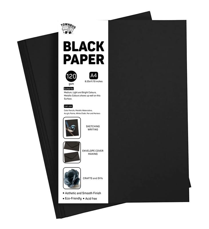 TOWNBUS - A4 |Pack of 200 | 120 GSM Premium Black Paper Sheets, Writing & Drawing Paper,Arts and Crafts Projects