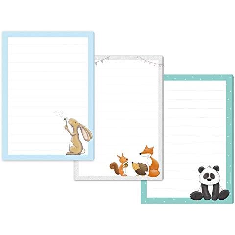 3 x Schreibblock"HASE HAMLET" &"WALDTIERE" &"PAUL PANDA" DIN A5 liniert je 50 Blatt/Briefpapier für Kinder, Briefpapier Kinder, Briefblock Cover