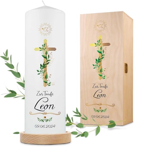 GRAVURZEILE Bedruckte Kerze - Taufkerze Goldenes Kreuz - brilliant bedruckte Kerze zur Taufe - Personalisiertes Taufgeschenk für Mädchen & Jungen - Hochwertige Stumpenkerze 250/80 mm