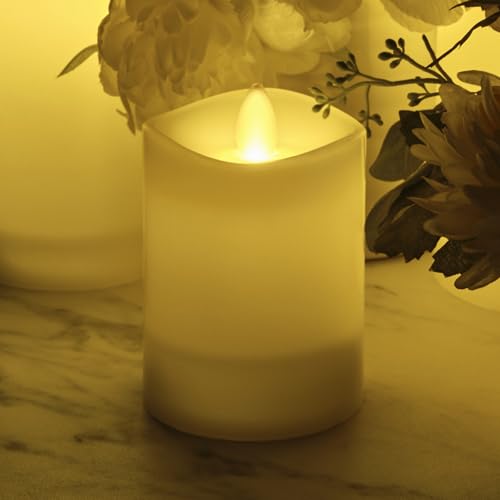 Image of Mikasa LED Wax Pillar Candle 3 x 4 Inch White Flameless Candle with Dancing Flame Effect - Battery Operated with 5-Hour Timer for Home Decor and Table Ambiance