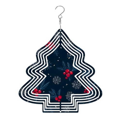 Snugozo Christmas Tree Shaped Wind Chime for Outdoor & Indoor Decor, Blue Holly & Red Berry, 10inch Wind Spinners for Yard & Garden, 3D Kinetic Tinplate Hanging Sculpture Art, for Patio, Gifts