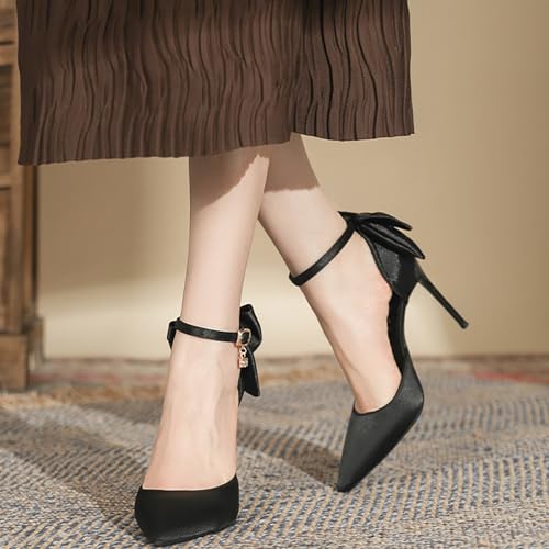 Women's Black Bow Stiletto High Heels Sexy Closed Pointed Toe Ankle Strap Pumps Party Evening Dress Shoes4