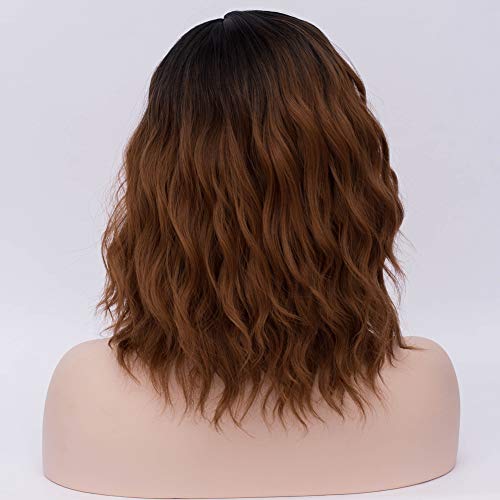 Image of BERON Brown Ombre Wigs for Women Short Curly Bob Wavy Wig Girls Black and Brown Body Wave Shoulder Length Cosplay or Daily Wigs
