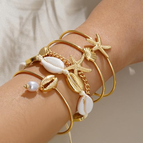 Shell Bracelet Seashell Boho Beaded Stretch Bracelets for Women Summer Beach Bracelets Starfish Charm Bracelet Stackable Gold Bracelets Set for Women Jewelry Gifts2