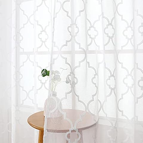 White Embroidered Curtains for Girls Room Casual Style Geometric Moroccan Embroidery Textured Sheer Drapes Filter Light Rod Pocket Voile Curtain Panels for Basement Kitchen, 52 x 54 inch 2pcs Cover