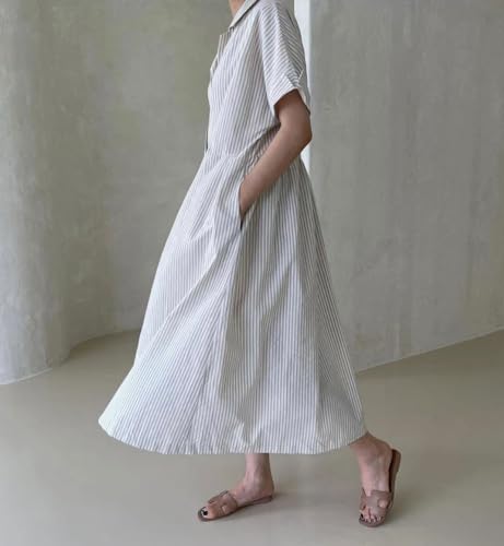 Image of chouyatou Women's Cotton Striped Shirt Dress Button Up Short Sleeve Midi Long Shift Dress with Pockets
