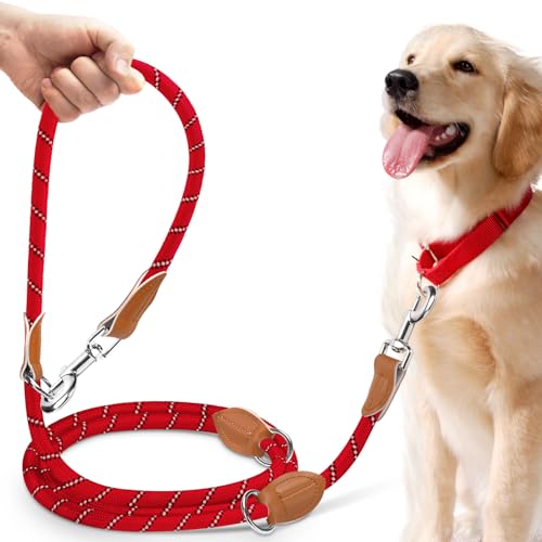 PETCOOZ Guinzaglio Doppio per Cani, Guinzaglio per Cani 3M Regolabile con Fino Riflettente, Multifunzione e Resistente di Cani Piccoli, Medi e Grandi, Rosso Scuro