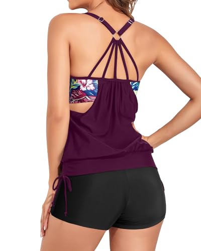 Image of Holipick Blouson Tankini Swimsuits for Women - Two Piece Tummy Control Bathing Suit with Shorts Modest Swimwear