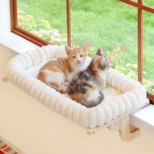 Image of Zakkart SnugCloud Cat Window Perch with 4-Sided Bolster - Large Cat Hammock for Window Sill - Solid Hardwood & Metal Frame - Window Seat for Pets (Natural Color Wood w /White Bed, Large)