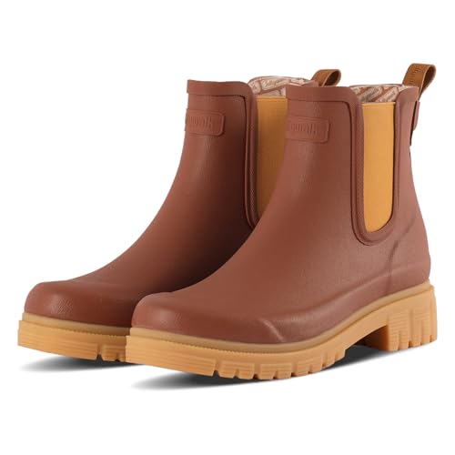 Jollywalk Womens rubber Waterproof Rain bootsFashion Ankle bootsChelsea Bootssuitable for gardening yard maintenance (Brown 7 Adult Women 7 Numeric UK Footwear Size System Medium)