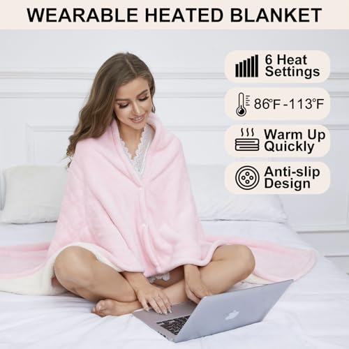 Electric Heated Throw Blanket Sherpa 50"x60" Pink Machine Washable 6 Heat Settings 4 Hours Auto Off Overheat Protection for Home Office Use - Image 5