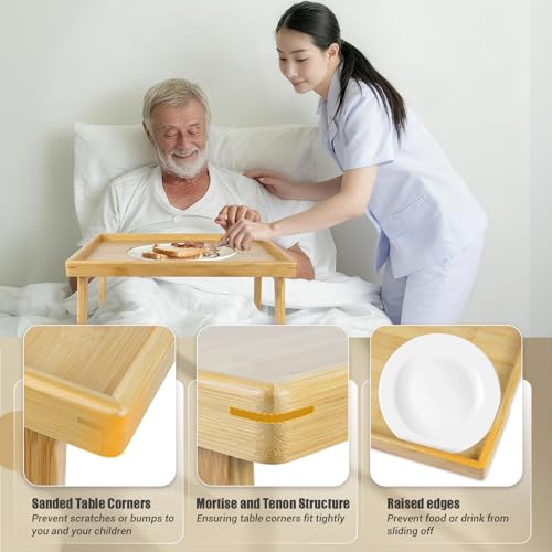 Image of Large Bed Table Tray with Support Bar and Foldable Legs, Bamboo Breakfast Food Trays Table for Bed Sofa Eating and Laptops, TV Lap Tray Table on Couch (Applied for Invention Patent)
