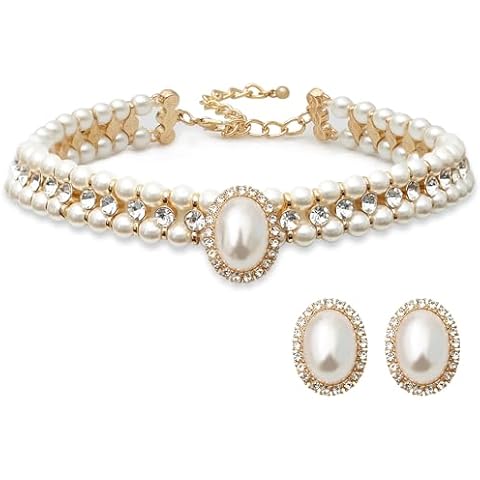 S SUSANN Faux pearl necklace set imitation pearl necklace and earring good gift for women (white rhinestones short choker) Cover