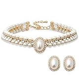S SUSANN Faux pearl necklace set imitation pearl necklace and earring good gift for women (white rhinestones short choker)