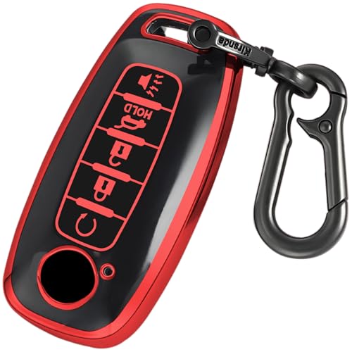 Kirsnda Key fob Cover case with Metal Keychain Compatible with Nissan Soft TPU Protection Key Shell/Skin 5 Buttons Compatible with 2023 2024 Pathfinder Rogue Remote Key(Red)