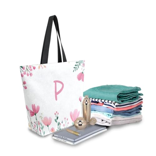 Extra Large Shoulder Tote Bag for Beach Travel Gym Wildflowers Pink Flowers Reusable Grocery Canvas Shopping Bag3