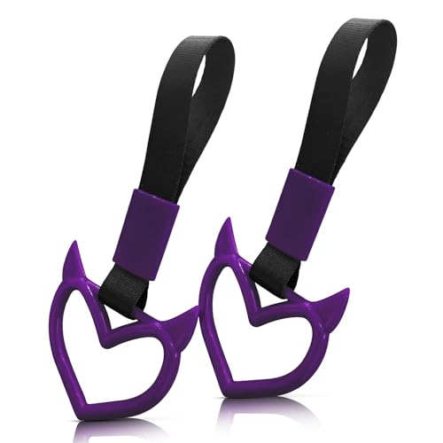 Image of 2 Pcs Devil Heart Shaped Car Handle Strap - Drift Charm Rear Bumper Warning Ring Decor for Car Interior Exterior, Subway Bus Handle Accessory, Cute Heart Car Decor Gift for Drivers (Purple)