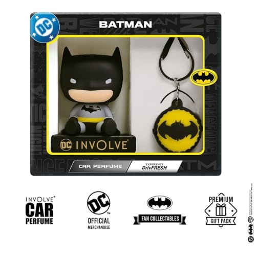 Image of Involve DC Batman Bobblehead Fiber Car Perfume with Batman Keychain | Action Figure Bobblehead | OFFICIAL DC MERCHANDISE Limited Edition for Car Dashboard idol & Office Desk | Dashboard Figurine