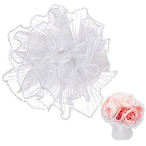 WhaleLink White Pearl Edge Bouquet Wrapping Paper 4.37 Yards x 11 Polyester Mesh Flower Wrap with Beaded Trim for Wedding Graduation Birthday Gift Soft Pleated Lace Sheet for Florist Crafts
