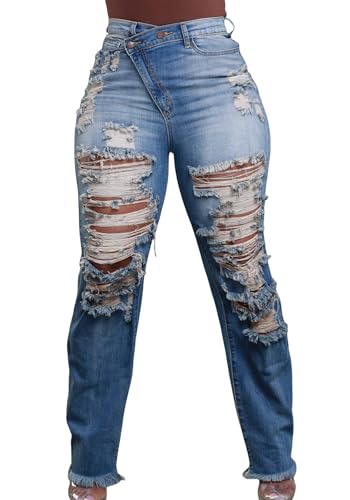 Women's High Waisted Skinny Ripped Jeans Boyfriend Asymmetrical Stretchy Jeans Distressed Denim Pants