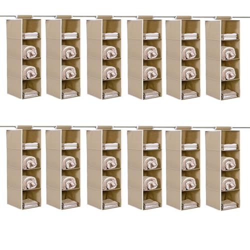 Kuber Industries (Pack of 12) Shoe Stoarge Rack | 4 Shelf Closet Hanging Organizer | Foldable Wardrobe Storage For Cloth, Toys | Dress Shelf For Clothes with Velcro | Plain | Light Brown