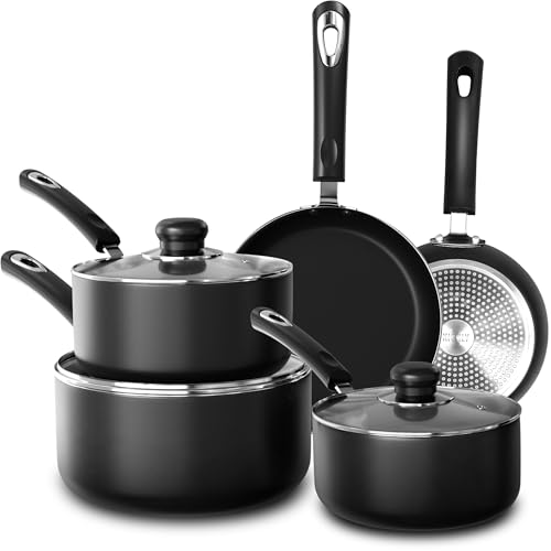 Image of KICHLY 8 Pieces Pots and Pans Set, Non Stick Kitchen Cookware Set, Induction Frying Pans 20cm, 28cm, Saucepan with Lids 20cm, 18cm, Non Induction Saucepan 16cm, Pots and Pans Set Nonstick, Black