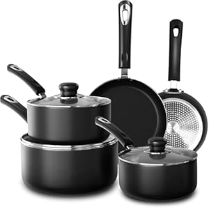 KICHLY Set of 8 Non-Stick Pots and Pans Cookware Suitable for Induction Hob with 20cm, 28cm Frying Pans and 16cm, 18cm, 20cm Saucepans Set with Lids (Black)
