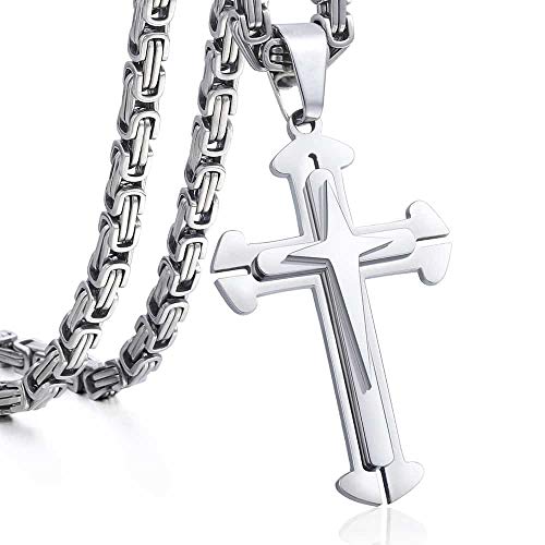 Trendsmax Cross Pendant Necklace Mens Boys Stainless Steel Silver Byzantine Chain 24inch