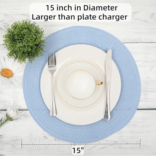 Image of SHACOS Round Braided Placemats Set of 8 Washable 15 inch Round Non Slip Table Place Mats for Dining Tables Wedding Party Decor (Light Blue, 8)