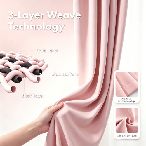 Image of Pink Room Darkening Curtains for Girls Nursery Bedroom 52x90 Inch | 80% Blackout Double Layer Curtains with Pom Pom Sheer Overlay, Grommet Privacy Drapes for Toddler Bedroom Decor, 2 Panels