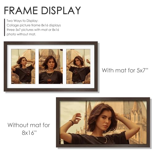 Image of DUENPY 8x16 Collage Picture Frame,5x7 Collage Picture Frame Displays Three 5x7 inch Photos, or 8x16 (Without Mat) for Available Horizontal Wall Mounting Display and Vertical, Walnut.